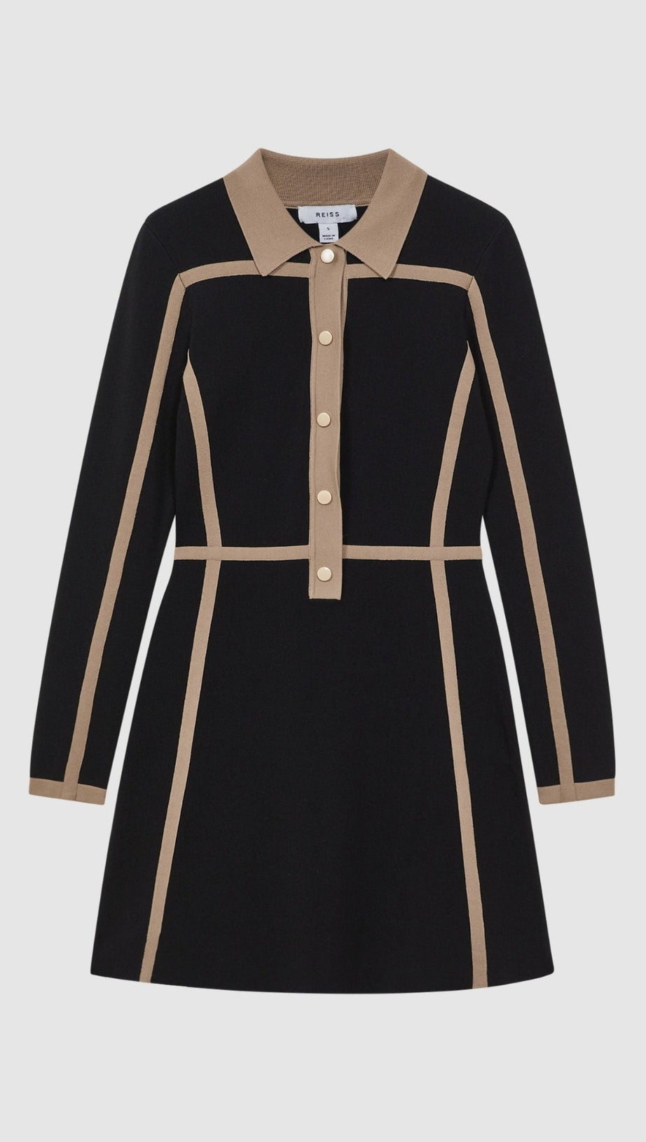 CONTRAST TRIM PRESS-STUD MINI DRESS IN BLACK/CAMEL