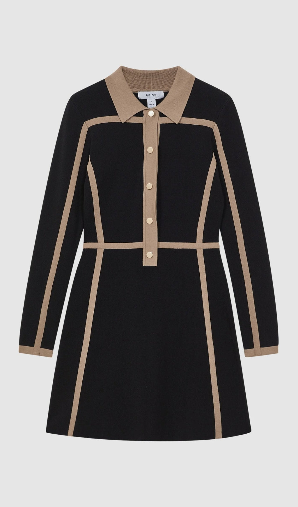 CONTRAST TRIM PRESS-STUD MINI DRESS IN BLACK/CAMEL