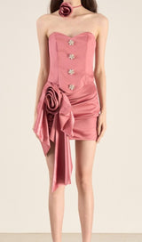 Tube Top Rosette Mini Two Piece Dress in Pink
