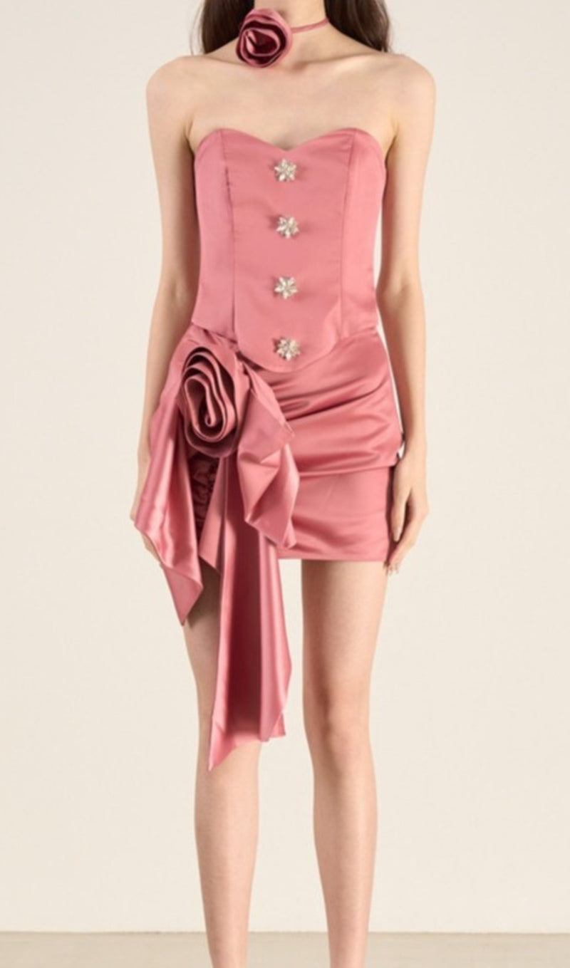 Tube Top Rosette Mini Two Piece Dress in Pink