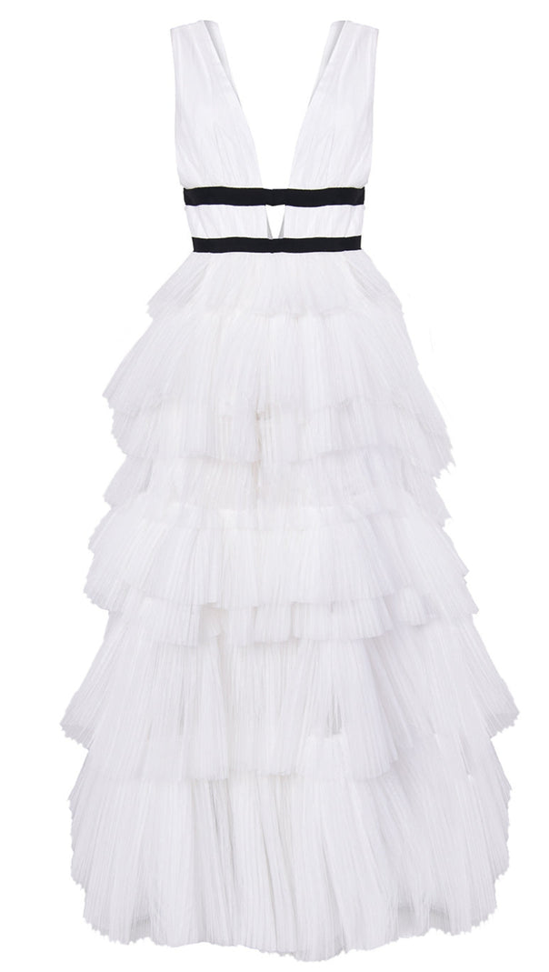 AIIZIE ELIZA WHITE PLUNGING NECK LAYERED TULLE SKIRT MAXI-DRESS - product image
