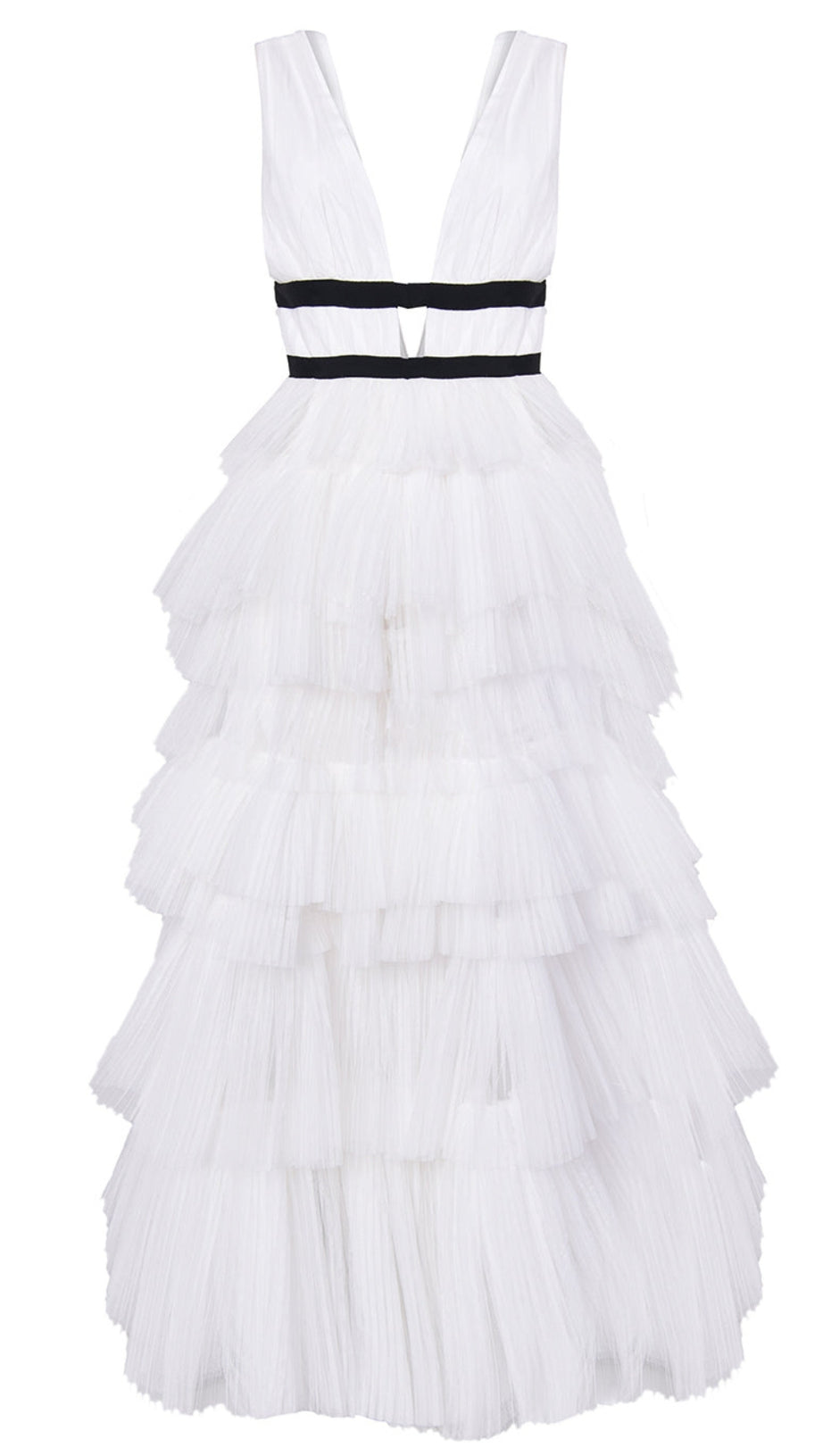 ELIZA WHITE PLUNGING NECK LAYERED TULLE SKIRT MAXI-DRESS