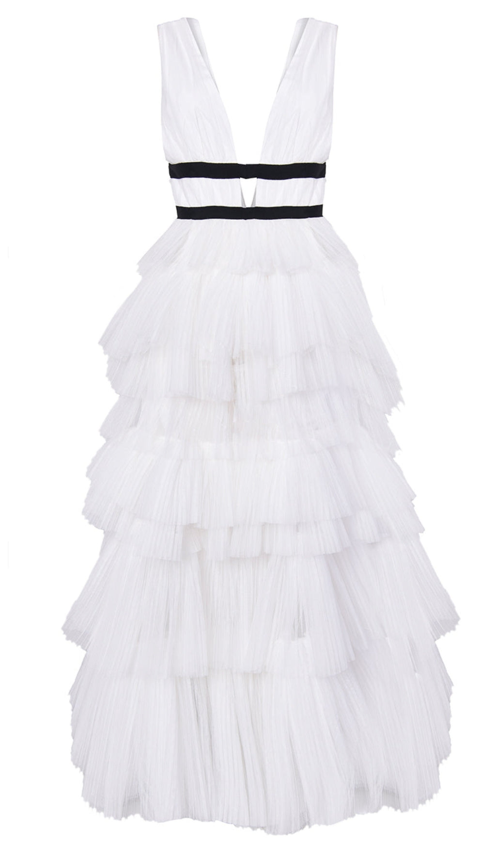 ELIZA WHITE PLUNGING NECK LAYERED TULLE SKIRT MAXI-DRESS