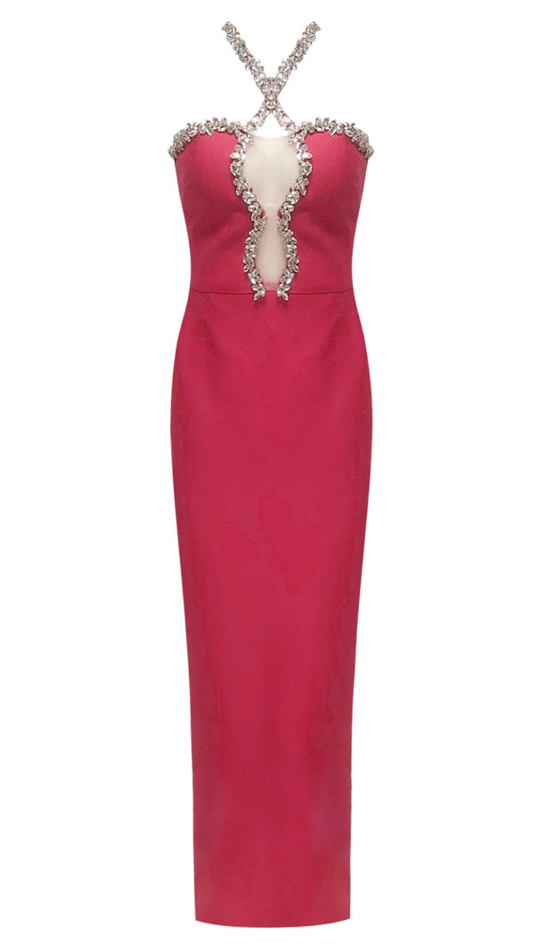 AIIZIE DIAMOND-EMBELLISHED HALTERNECK FITTED BANDAGE MAXI DRESS PINK - product image