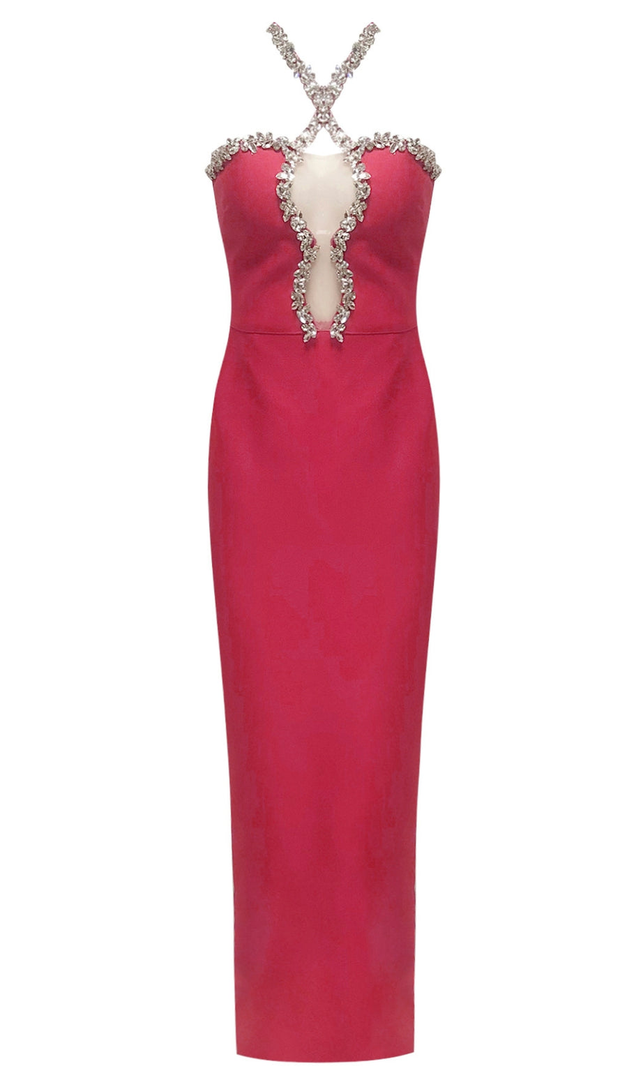 Diamond-embellished halterneck fitted bandage Maxi Dress pink