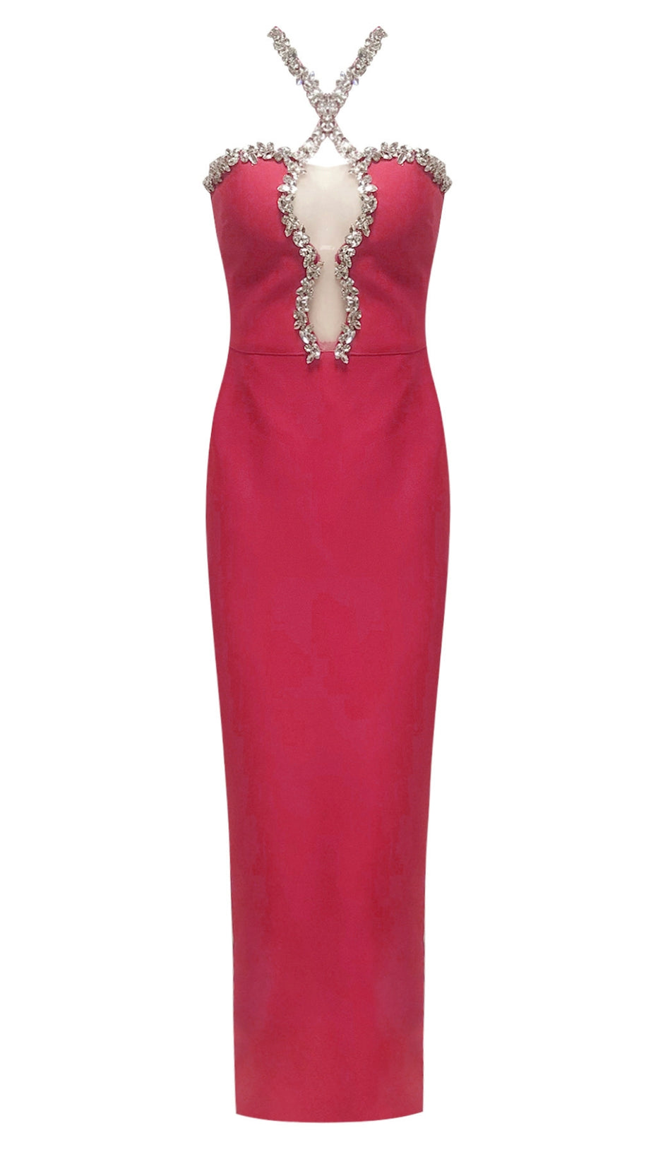 DIAMOND-EMBELLISHED HALTERNECK FITTED BANDAGE MAXI DRESS PINK