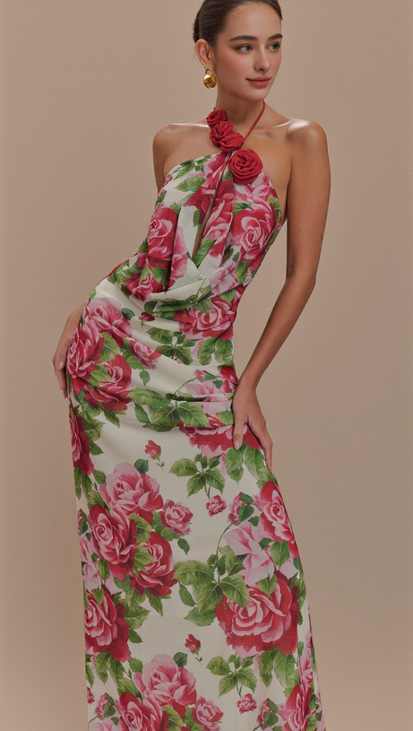 MULTICOLOR FLORAL HALTERNECK HIGH COLLAR MAXI DRESS
