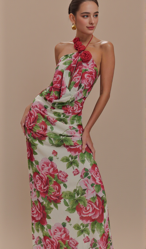 AIIZIE MULTICOLOR FLORAL HALTERNECK HIGH COLLAR MAXI DRESS - product image