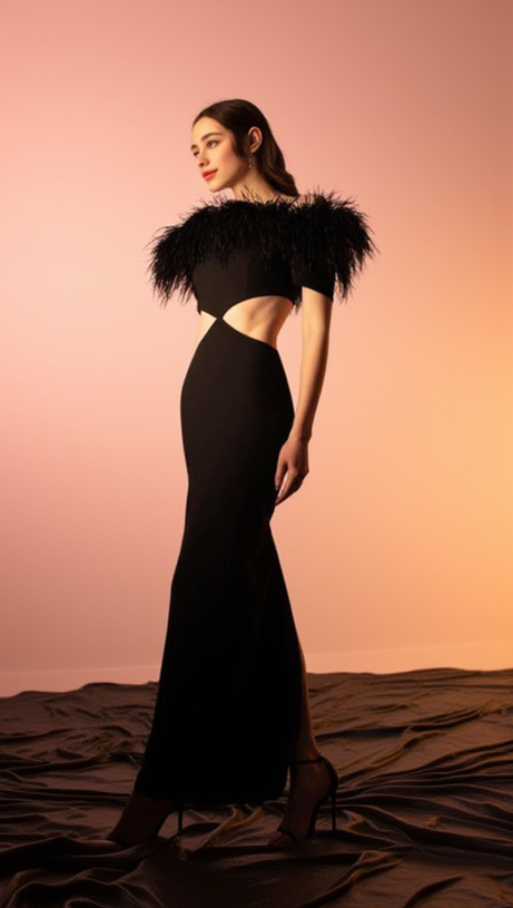 OFF-SHOULDER FEATHER PANEL BLACK DRESS