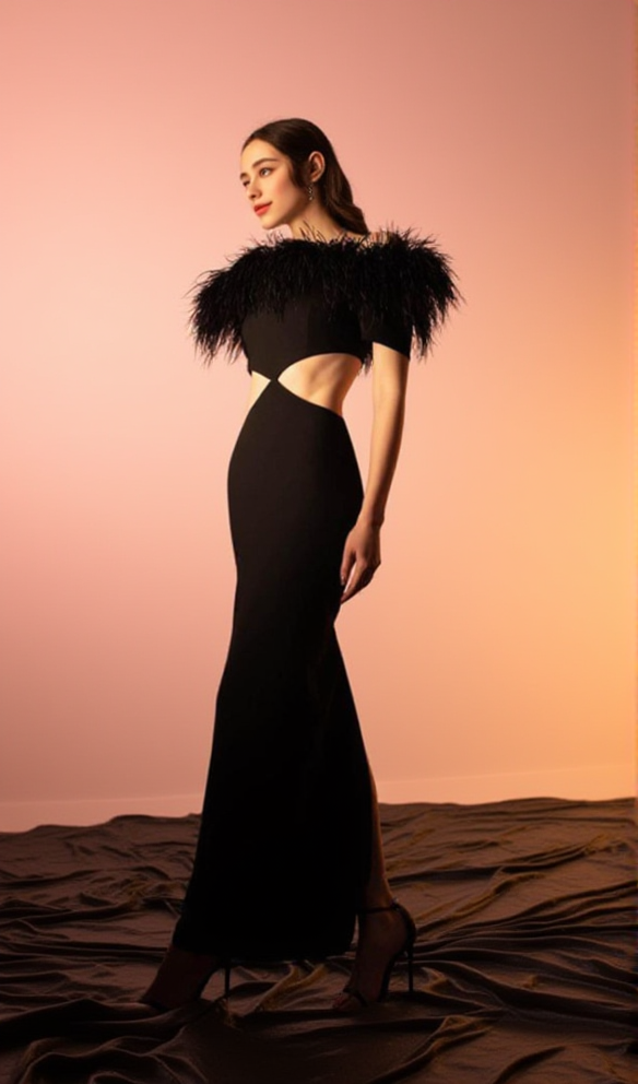 AIIZIE OFF-SHOULDER FEATHER PANEL BLACK DRESS - product image
