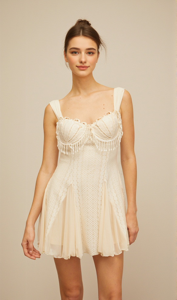 AIIZIE ATALANTA EMBELLISHED FLARED MINI DRESS IN CREAM-WHITE - product image