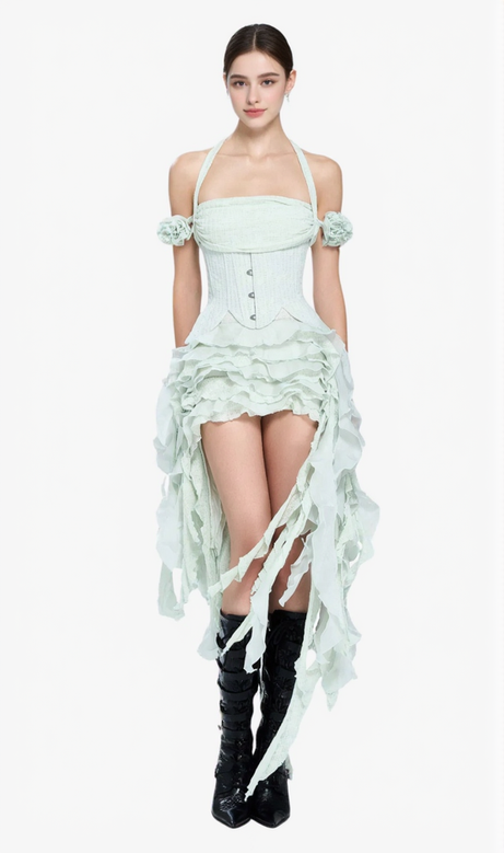 elva halter three-dimensional flower irregular tassel mini dress in mint