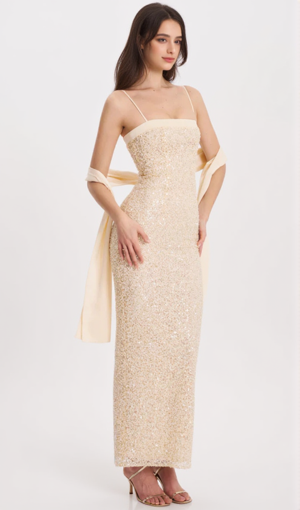 AIIZIE RAIZEL GOLD BEADED SEQUIN BODYCON GOWN WITH SCARF MAXI DRESS - product image