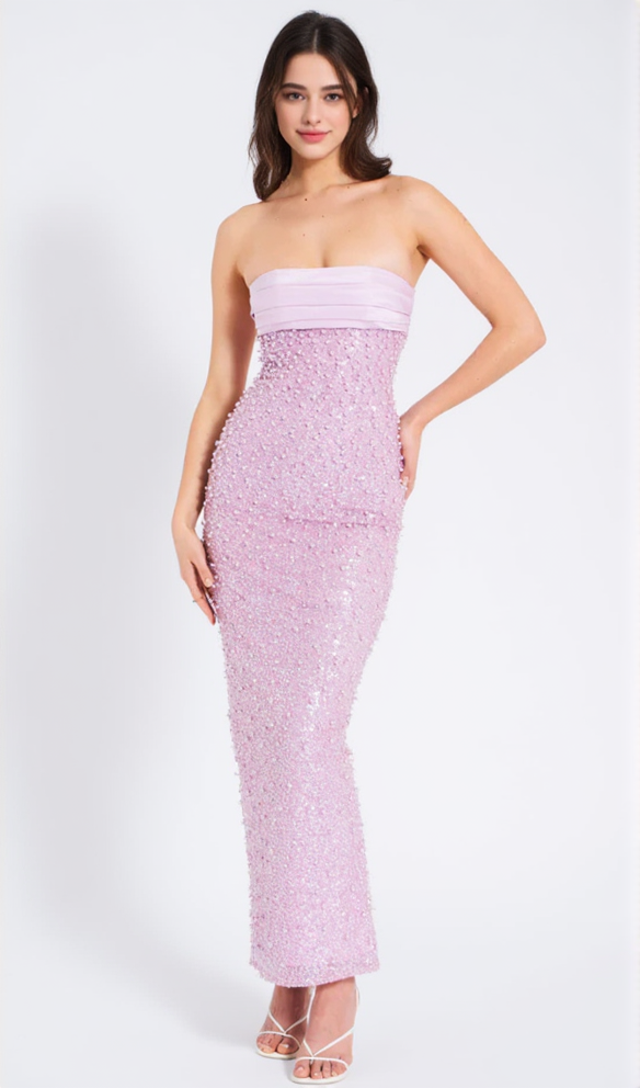 PINK SATIN SEQUIN PEARLS BEADED MAXI DRESS