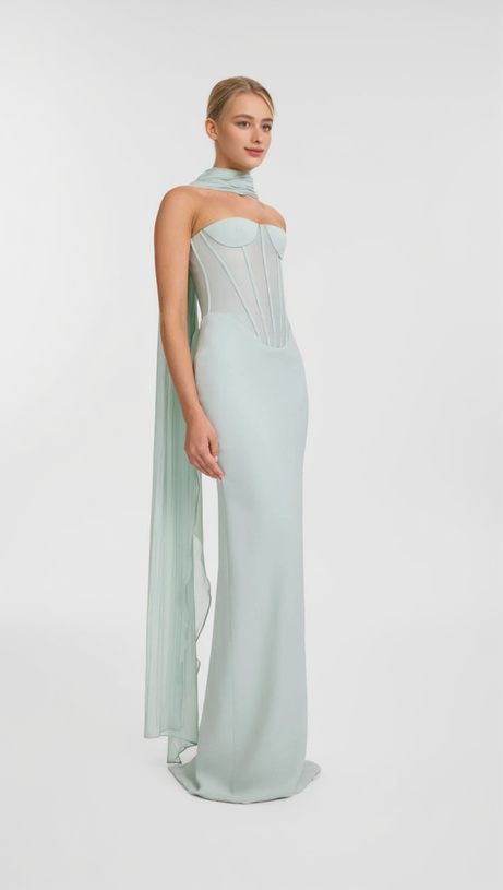 ANNA STRAPLESS  MESH SCARF CORSET MAXI DRESS IN GREEN