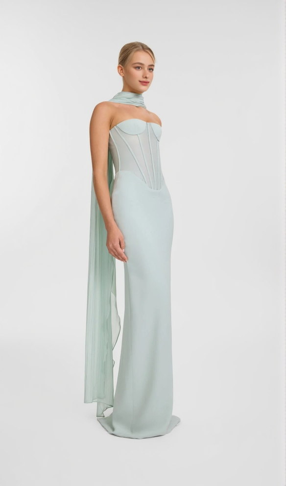 AIIZIE ANNA STRAPLESS MESH SCARF CORSET MAXI DRESS IN GREEN - product image