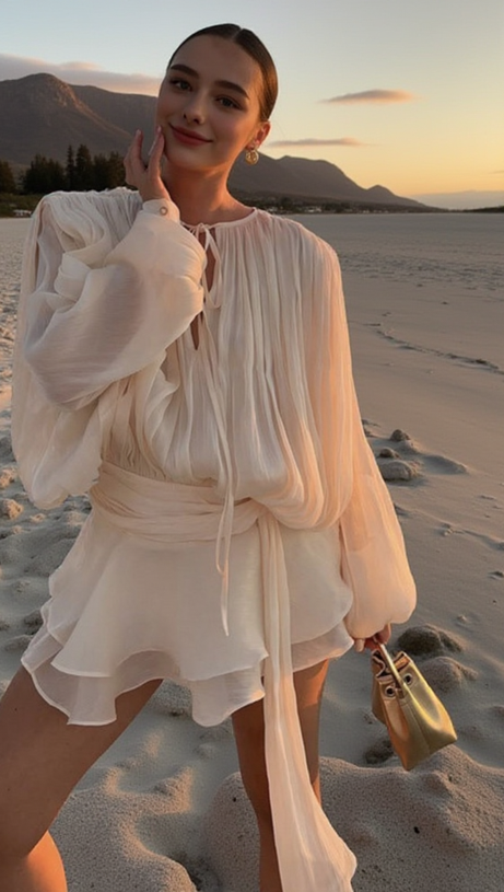 Aprikosenfarbenes, langärmliges Minikleid mit Schleife 