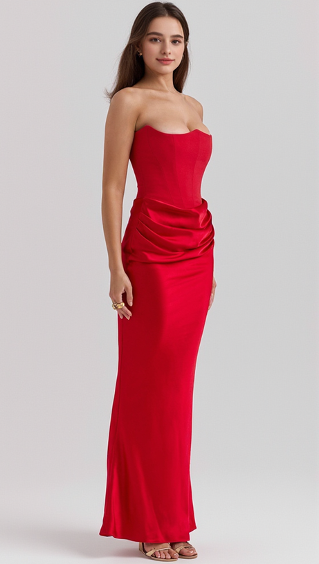 RED VELVET STRAPLESS CORSET MAXI DRESS