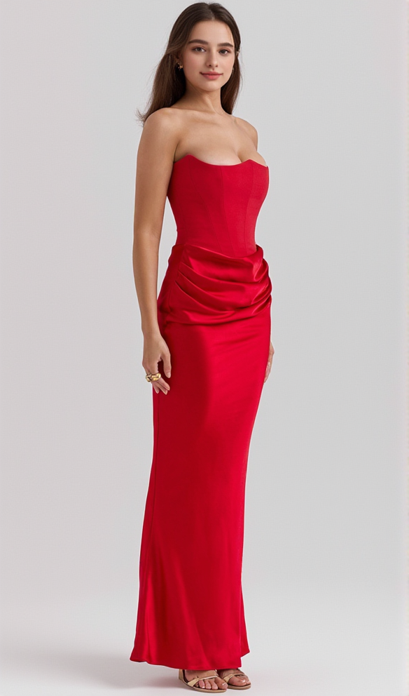 AIIZIE RED VELVET STRAPLESS CORSET MAXI DRESS - product image