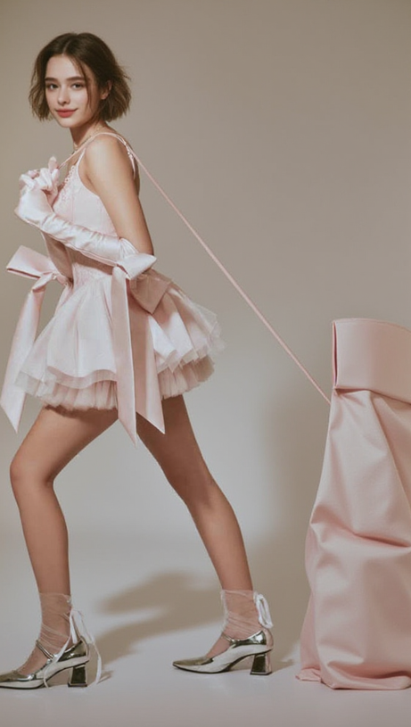 MINI ABITO SCOLLO A SCHIENA CON FIOCCO IN PIZZO CELESTE ROSA