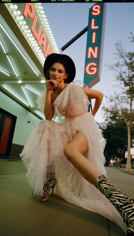 Rüschentüll über einem Minikleid aus geblümter Spitze in Rosa 