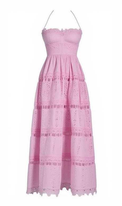 Abito lungo con scollo all'americana, elastico sul petto, patchwork in pizzo rosa 