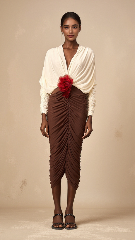 LONG SLEEVE TWO-TONE PLEATED MIDI DRESS IN BROWN