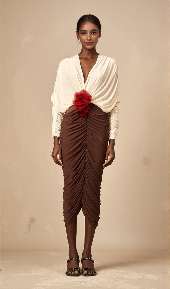 LONG SLEEVE TWO-TONE PLEATED MIDI DRESS IN BROWN