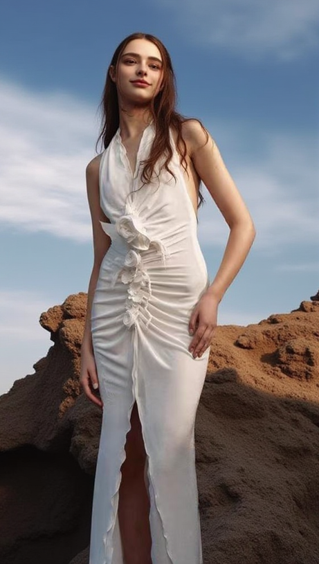 GONNA LUNGA SEXY SENZA MANICHE CON SPACCO ALTO E FIORI TRIDIMENSIONALI