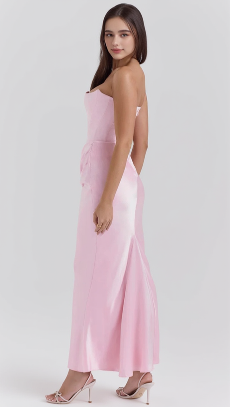 PINK VELVET STRAPLESS CORSET MAXI DRESS