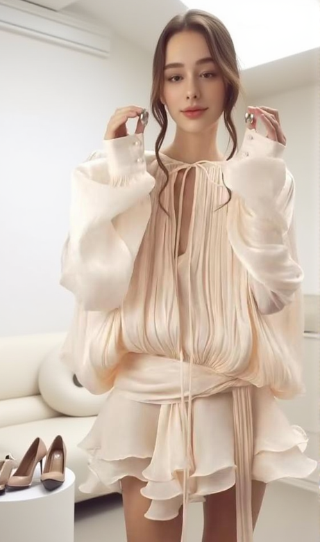 Aprikosenfarbenes, langärmliges Minikleid mit Schleife 