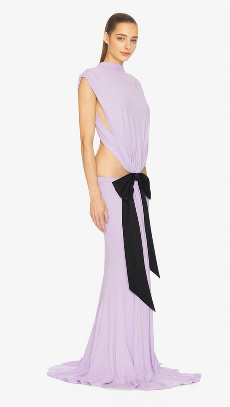 BERNICE BOW PATCH CUT BACKLESS MAXI DRESS IN PURPLE