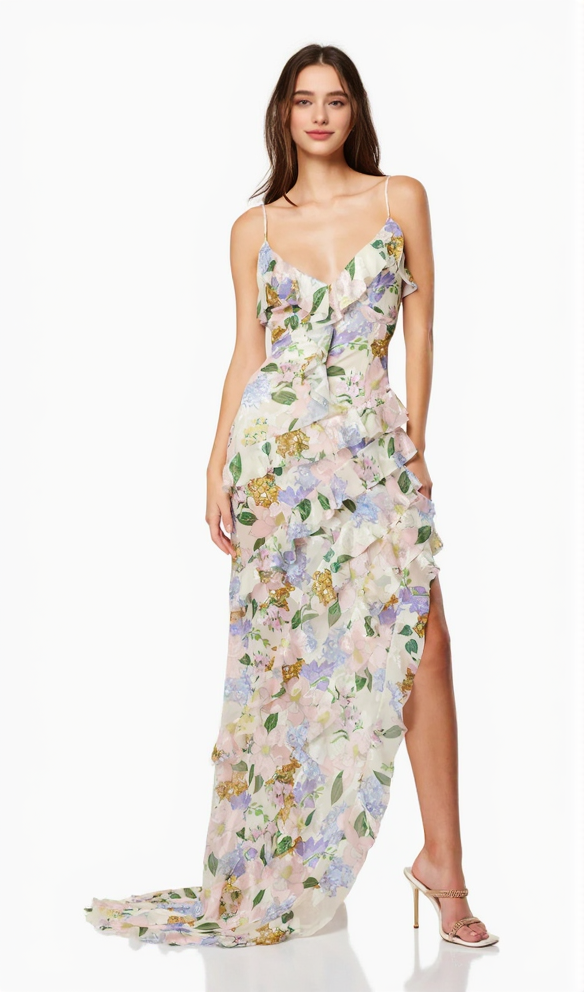 ASYMMETRICAL RUFFLED FLORAL DRAPED MAXI DRESS IN BEIGE