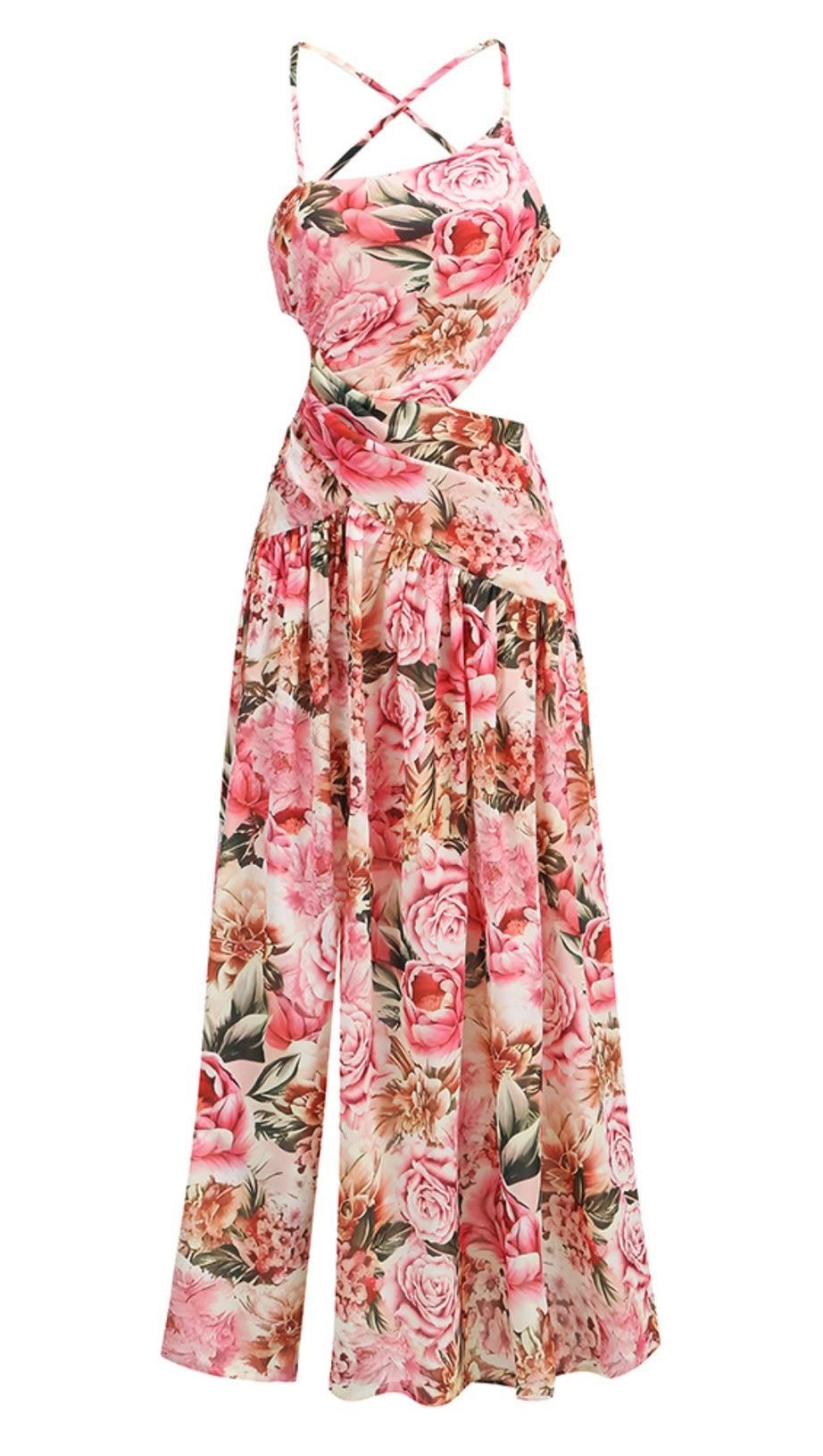 Rosa bedrucktes Midikleid mit offenem Rückenschlitz und ausgehöhlter Vorderseite