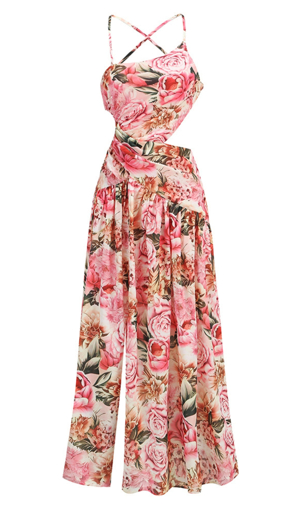 Rosa bedrucktes Midikleid mit offenem Rückenschlitz und ausgehöhlter Vorderseite