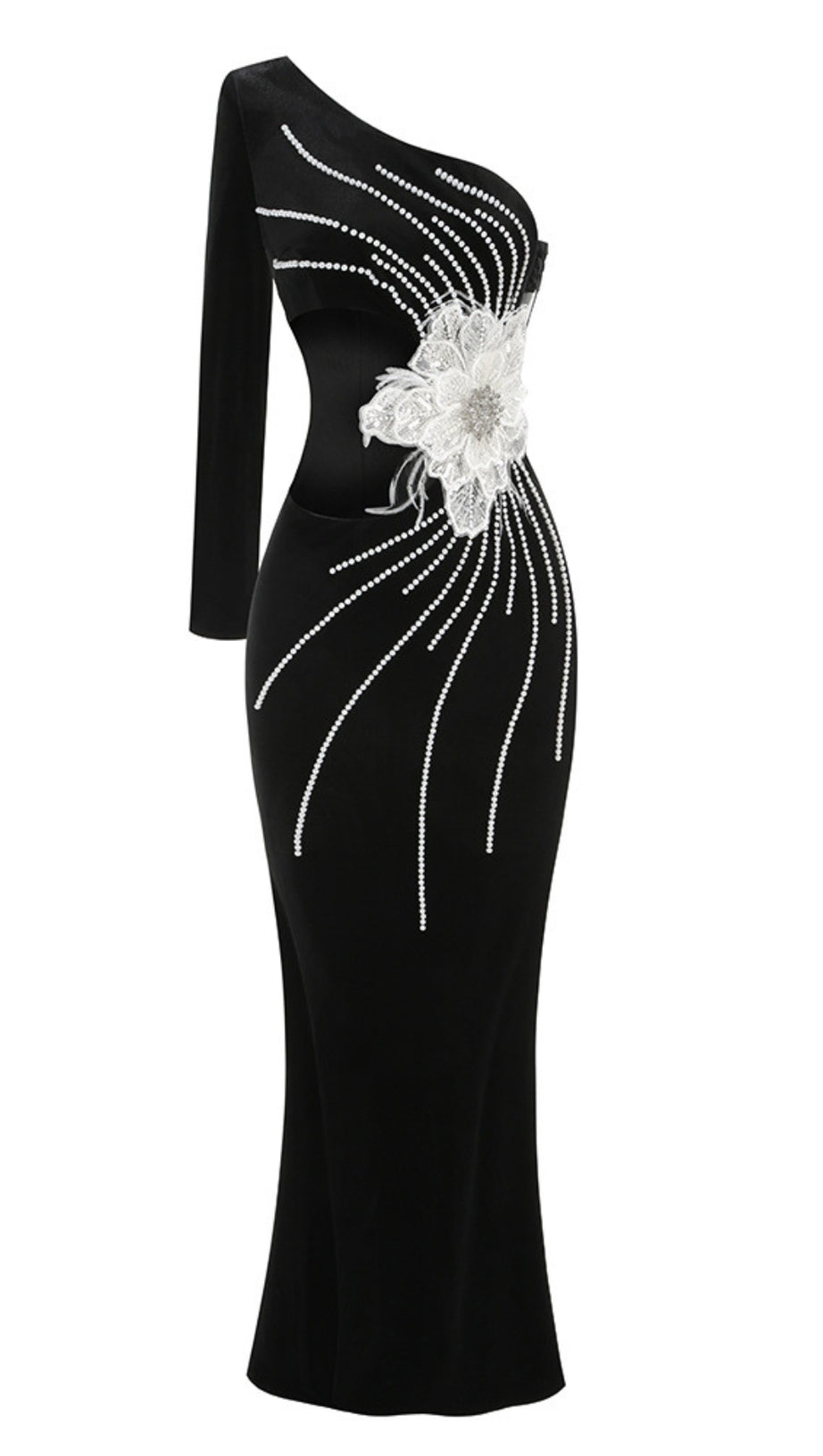 ONE-SHOULDER LONG SLEEVE FLOWER MAXI DRESS BLACK