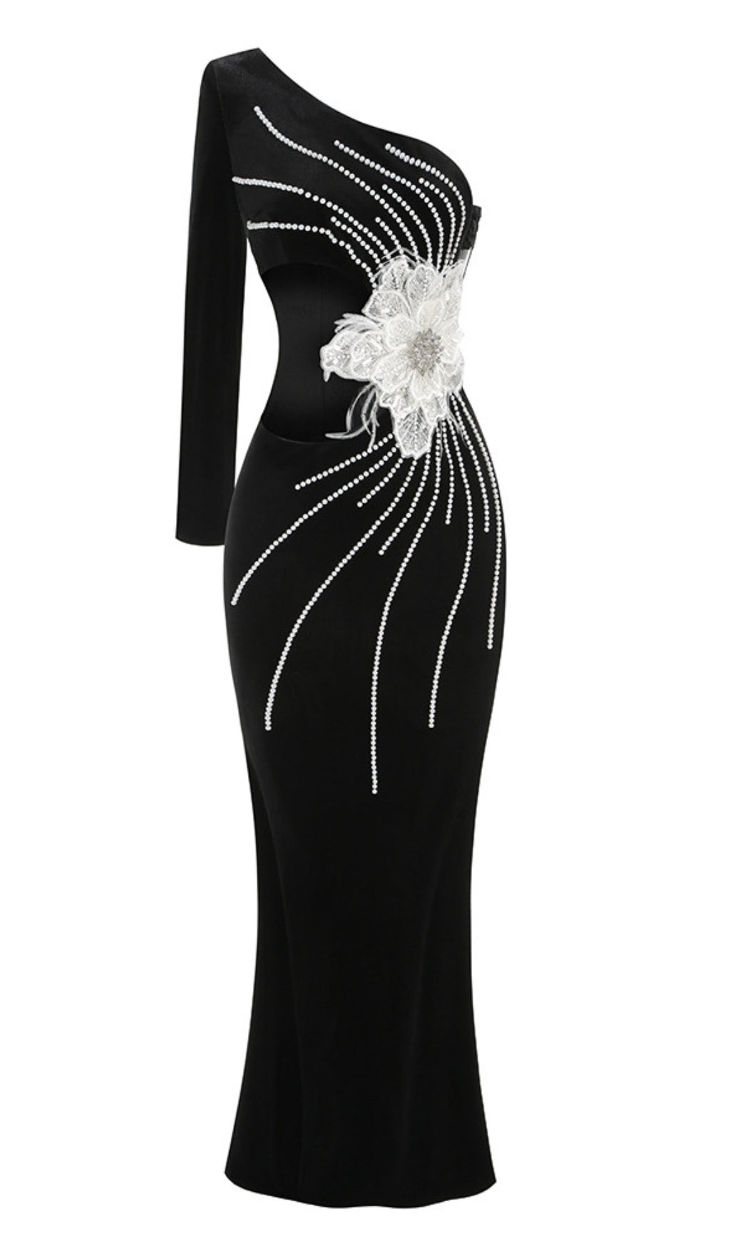 ONE-SHOULDER LONG SLEEVE FLOWER MAXI DRESS BLACK