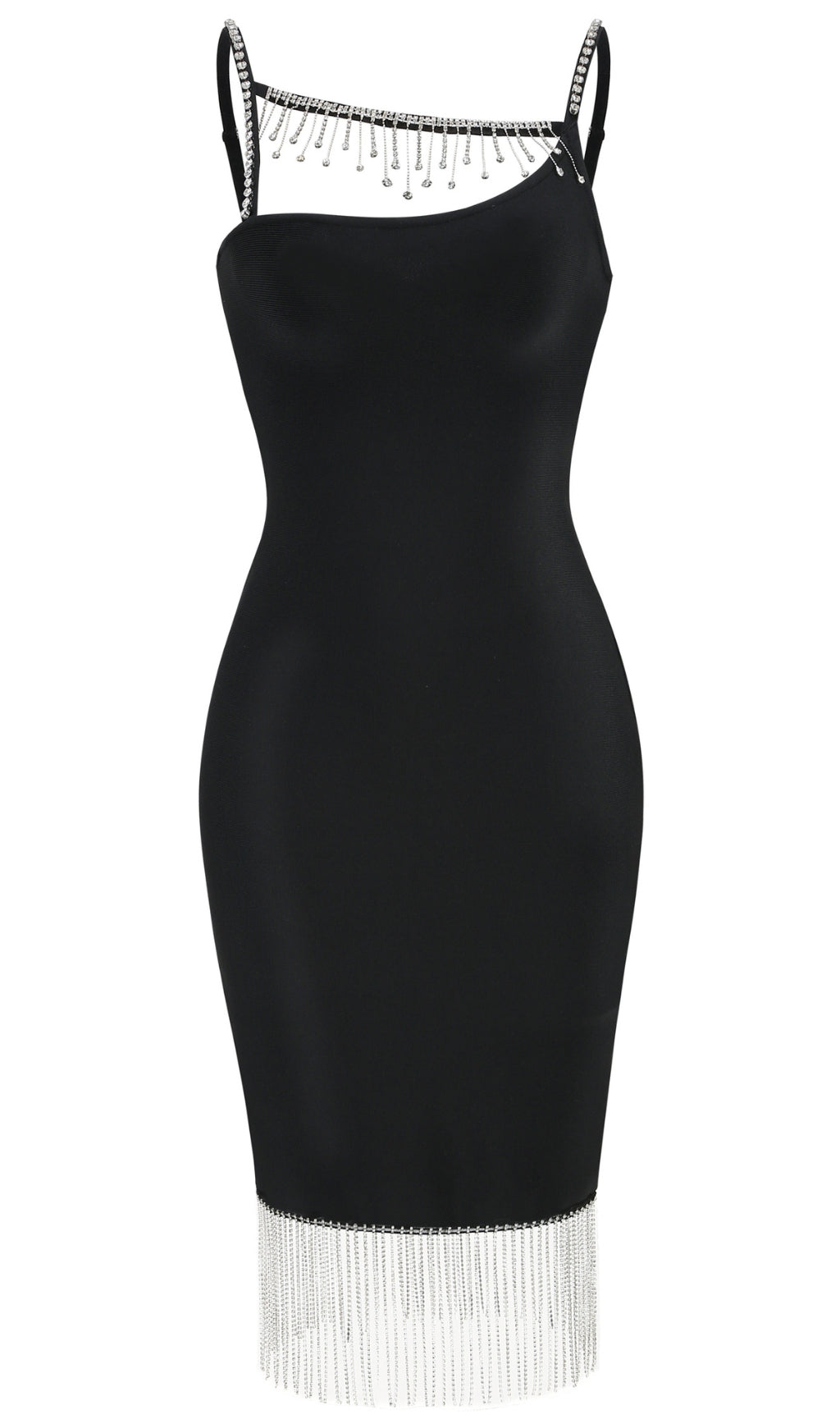 RHINESTONE METAL CHAIN TASSEL BANDAGE DRESS