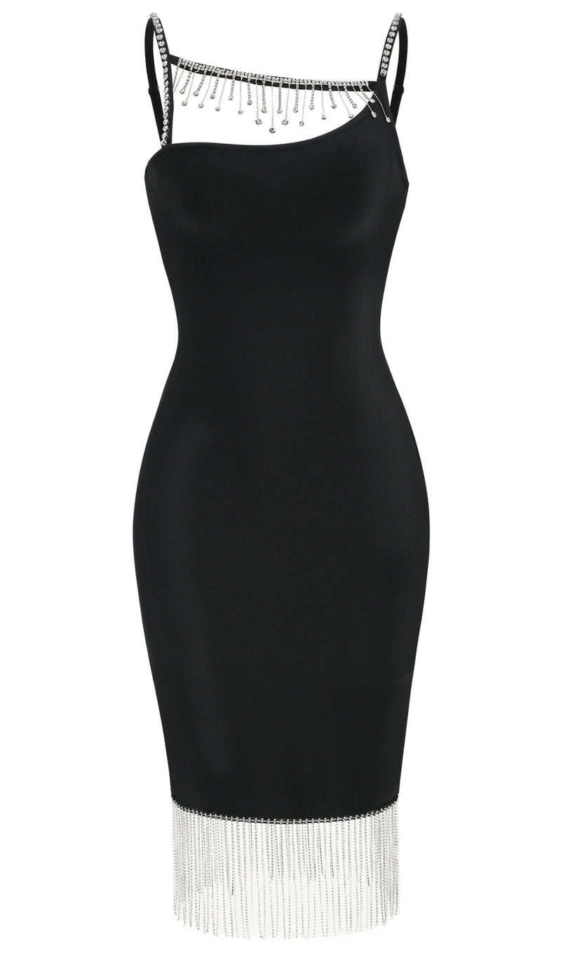 Rhinestone Metal Chain Tassel Bandage Dress