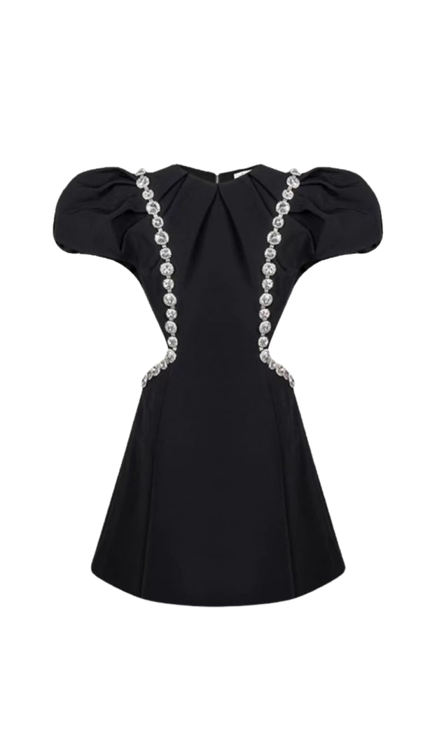AIIZIE THREE-DIMENSIONAL RUFFLE RHINESTONE HOLLOW MINI DRESS IN BLACK - product image