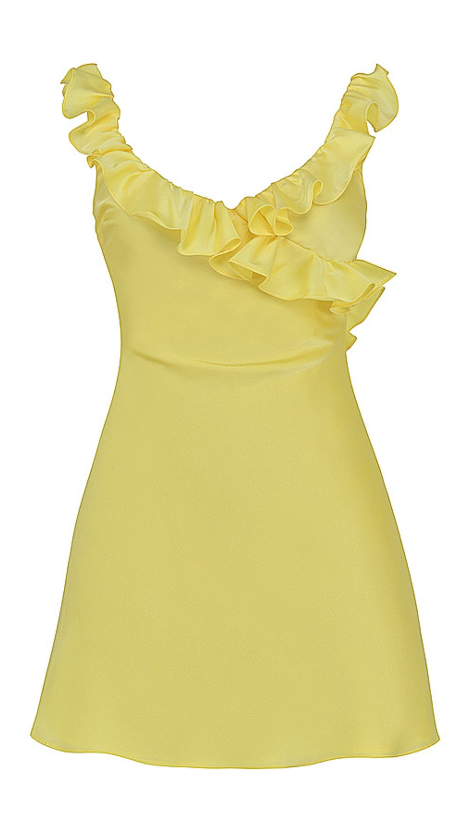 GELBES MINIKLEID AUS SATIN MIT RÜSCHEN UND BUTTERCUP-MUSTER