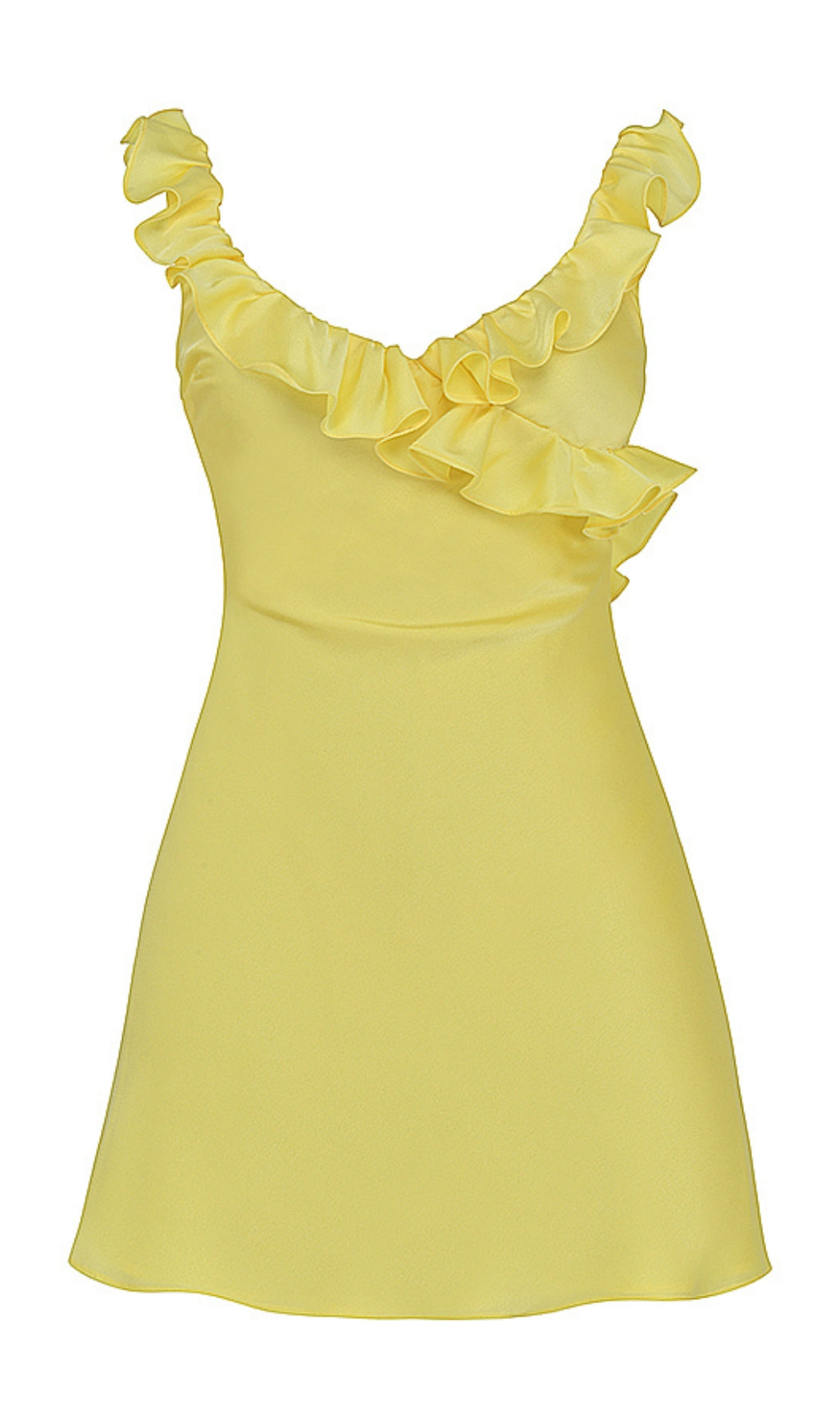 GELBES MINIKLEID AUS SATIN MIT RÜSCHEN UND BUTTERCUP-MUSTER