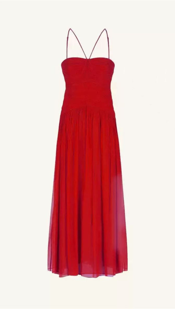 AIIZIE STRAPLESS BODYSUIT PLEATED RED LONG MIDI DRESS - product image