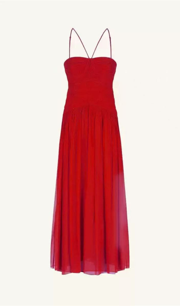 strapless bodysuit pleated red long  midi dress