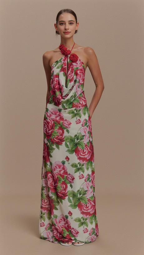 MULTICOLOR FLORAL HALTERNECK HIGH COLLAR MAXI DRESS