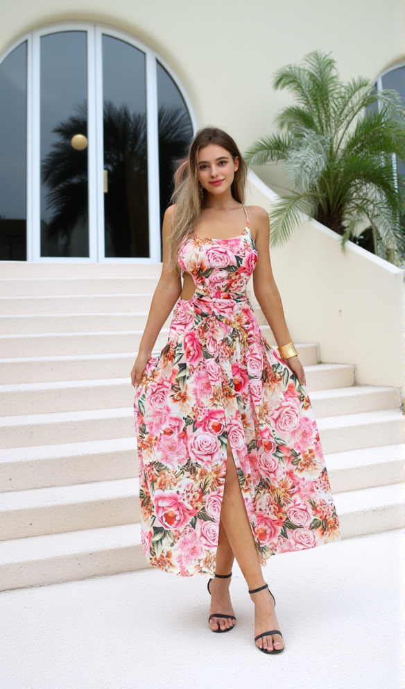 AIIZIE PINK PRINTED HOLLOW-OUT OPEN-BACK SLIT MIDI DRESS - product image