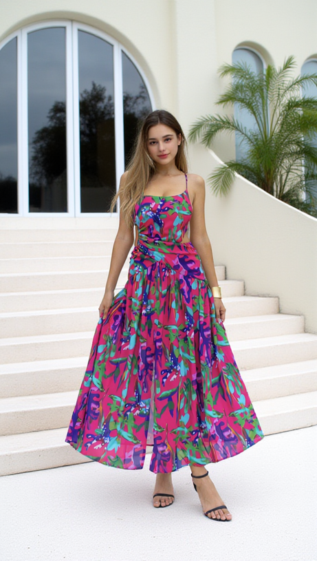 Lila bedrucktes Midikleid mit offenem Rückenschlitz und ausgehöhlter Vorderseite