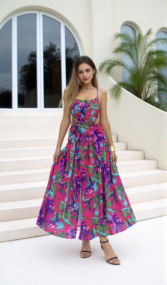 AIIZIE PURPLE PRINTED HOLLOW-OUT OPEN-BACK SLIT MIDI DRESS - product image