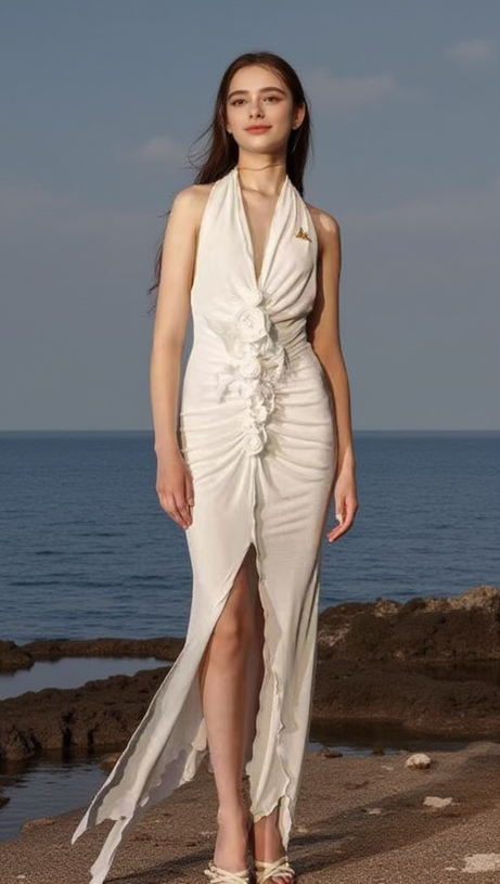 GONNA LUNGA SEXY SENZA MANICHE CON SPACCO ALTO E FIORI TRIDIMENSIONALI