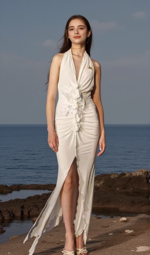 AIIZIE SEXY SLEEVELESS HIGH SLIT LONG SKIRT WITH THREE-DIMENSIONAL FLOWERS - product image